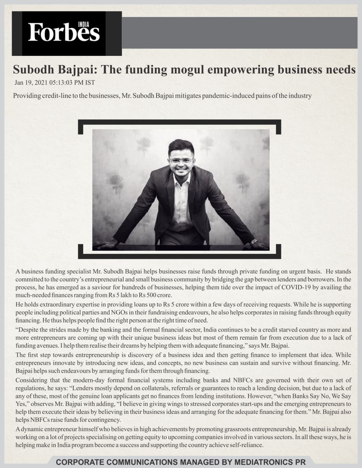 Forbes India — Subodh Bajpai: The funding mogul empowering business needs