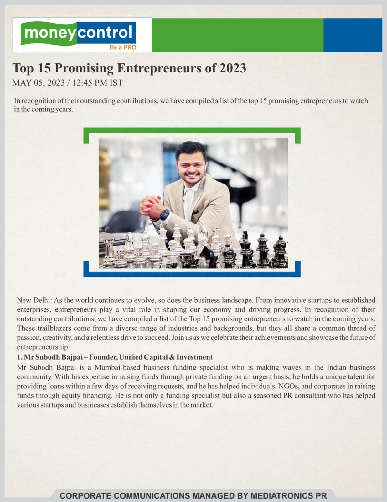 Moneycontrol — Top 15 Promising Entrepreneurs of 2023